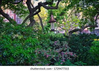 Garden With Different Plants And Bird Feeder With Copper Finish Spotted In NYC West Village