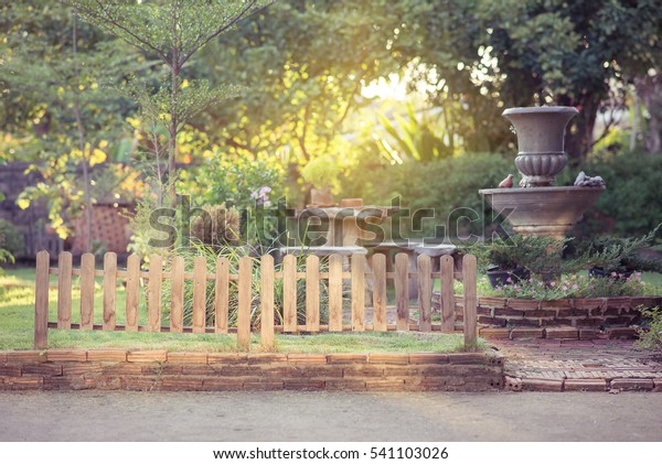 Garden Fences Wood Table Chair Fountain Stock Photo Edit