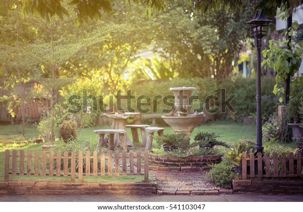 Garden Fences Wood Table Chair Fountain Stock Photo Edit