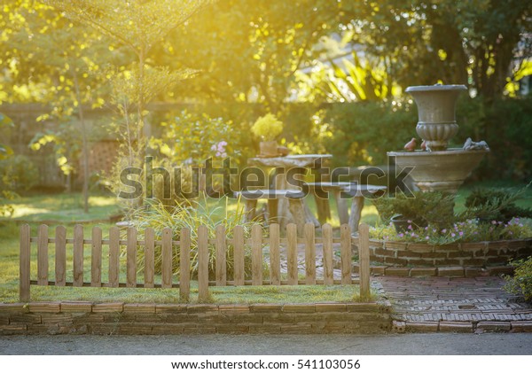 Garden Fences Wood Table Chair Fountain Stock Photo Edit