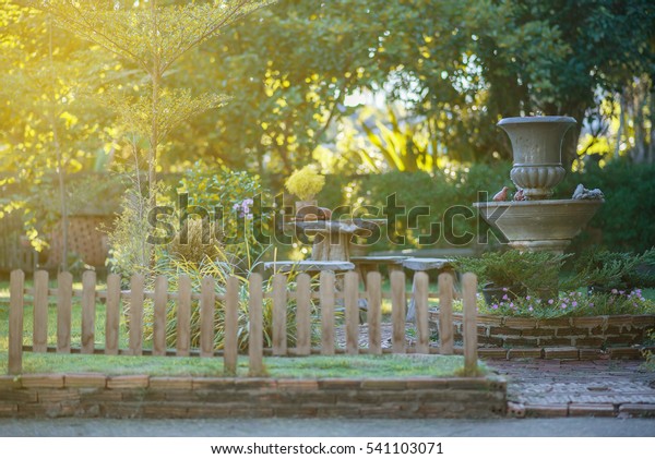 Garden Fences Wood Table Chair Fountain Stock Photo Edit