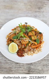 Garden Fresh Vegetable Pad Thai Pasta Noodles Served In A Dish Isolated On Grey Background Side View