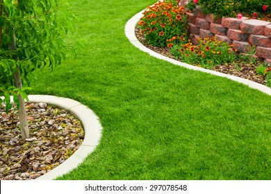 Garden With Green Grass And Flowers