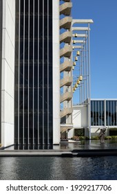 GARDEN GROVE, CALIFORNIA - 25 FEB 2021: Tower Of Hope And Fountain At The Crystal Cathedral, An American Church Building Of The Roman Catholic Diocese Of Orange.