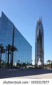 GARDEN GROVE, CALIFORNIA - 25 FEB 2021: Crystal Cathedral And Bell Tower, An American Church Building Of The Roman Catholic Diocese Of Orange. 