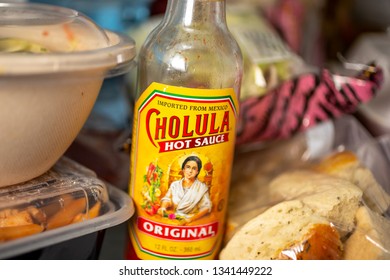 Garden Grove, California/United States - 03/17/2019: A Glass Bottle Of Cholula Hot Sauce