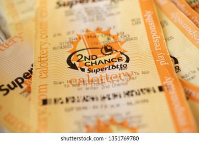 Garden Grove, California/United States - 03/25/19: California Super Lotto Tickets, Featuring 2nd Chance Opportunity