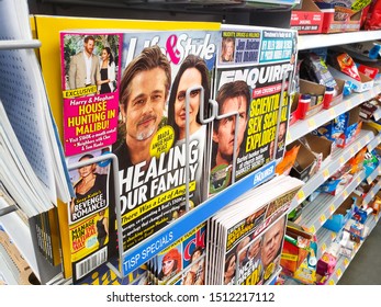 Garden Grove, California/United States - 09/20/2019: Several Tabloid Magazines Near The Checkout Aisle.