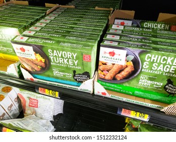 Garden Grove, California/United States - 09/20/2019: Several Boxes Of Applegate Naturals Frozen Breakfast Sausage At The Grocery Store.