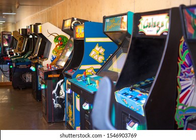 Garden Grove, California/United States - 09/22/2019: Several Classic Arcade Video Games, Featuring Simpsons, Ms. Pac-Man, And Galaga