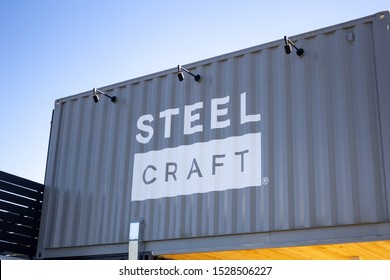 Garden Grove, California/United States - 10/11/2019: A Sign For SteelCraft On The Side Of Shipping Container Architecture For The Food Marketplace