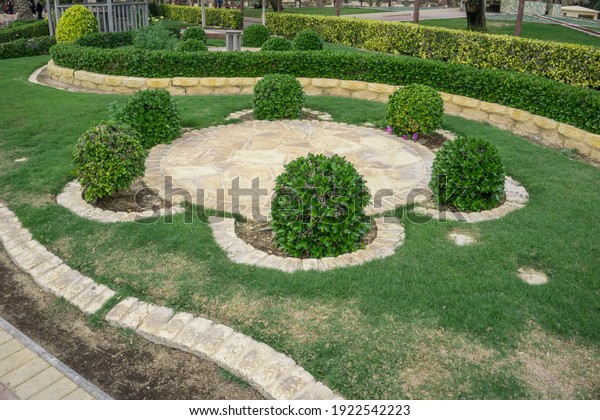Garden landscape, Garden landscape design with\
plants, grass bricks\
stone