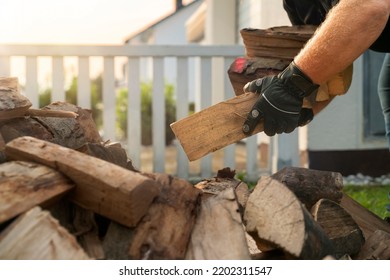 In the garden lies a pile of beech logs that have been delivered. A man bends down and lifts an armful of logs to take it to the firewood shelf. Close up in the autumn light. - Powered by Shutterstock - Get 15% off with code: PIKWIZARD15