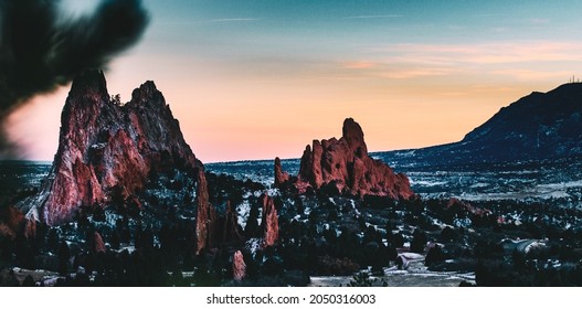 The Garden On The Gods Park In Colorado Springs, Colorado, On A Cold Night In January. 