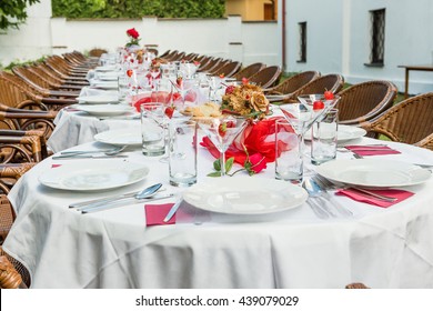 Garden Party Set Up For Lunch Dinner With Long Table , Decorated Table In The Garden