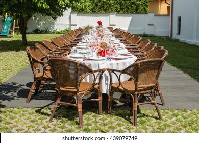 Garden Party Set Up For Lunch Dinner With Long Table , Decorated Table In The Garden