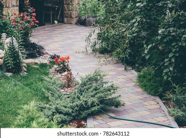 Garden Patio In Backyard Stone Brick Pavers Hardscape Layout Design Top View, Colorful