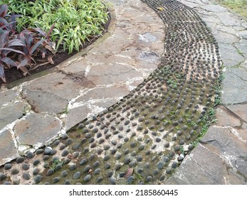 A Garden With A Pebble Walkway Set Up For Foot Reflexology.