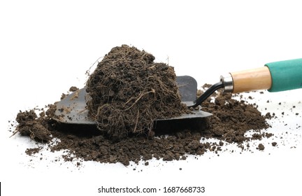 Garden Shovel With Fertile Dirt, Soil Pile Isolated On White Background