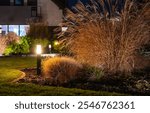 The garden showcases tall grass and illuminated by LED lights plants, creating a serene nighttime atmosphere in a quiet residential setting.