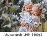 Garden, smile and siblings in portrait with hug, playful and bonding together with childhood games in park. Outdoor, children or girls with embrace for connection, development and carry in backyard