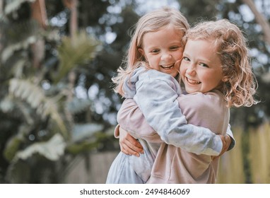 Garden, smile and siblings in portrait with hug, playful and bonding together with childhood games in park. Outdoor, children or girls with embrace for connection, development and carry in backyard - Powered by Shutterstock