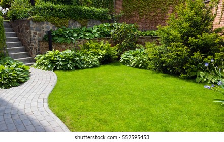 Garden stone path with grass growing up between the stones - Shutterstock ID 552595453