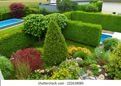 Garden With Swimming Pool And Ornamental Trees