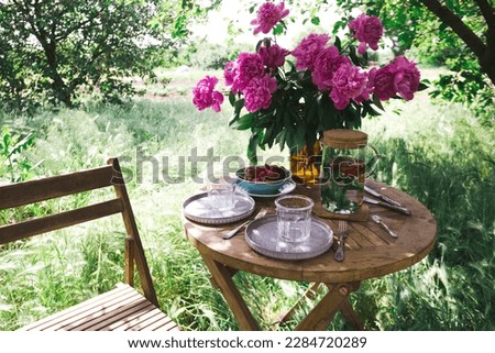garden and tea party at the country style. still life - cups, dishes and a vase with pink peonies