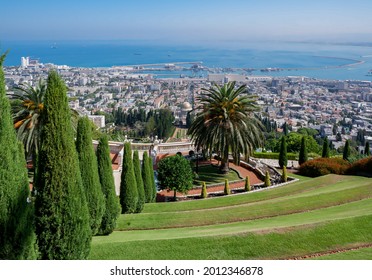 Garden Terraces At Bahai Gardens Around The Shrine Of The Báb On Mount Carmel In Haifa, Israel