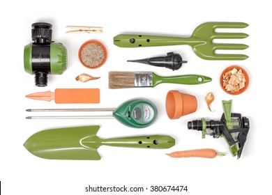 Garden Tools And Essentials On White Background Top View. Gardening Flat Lay Concept