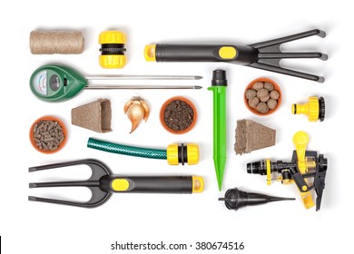 Garden Tools And Essentials On White Background Top View. Gardening Flat Lay Concept