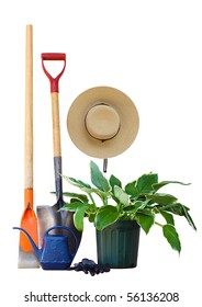 Garden Tools And Hosta Plant Isolated On White