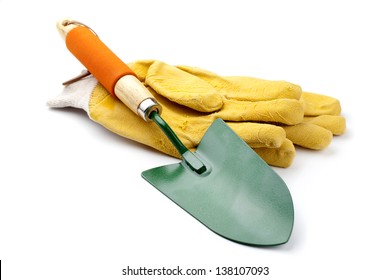 Garden Trowel And Gloves On A White Background