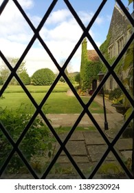 Garden view through diamond leaded window. window background  