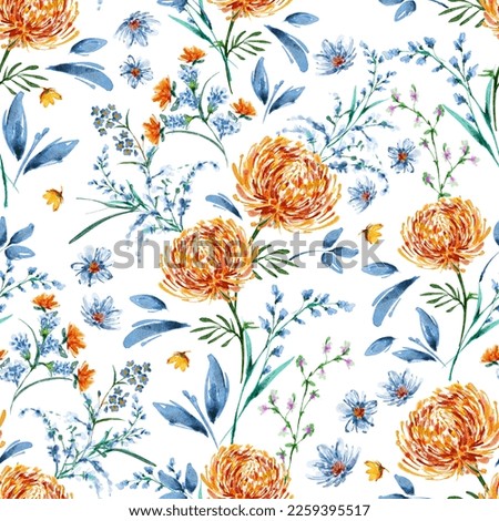 Garden Watercolor Floral Seamles Pattern, Hand painted Watercolor, Wildflowers, Twigs, Leaves, Buds. Design for fashion , fabric, textile, wallpaper, cover, web , wrapping and all prints 