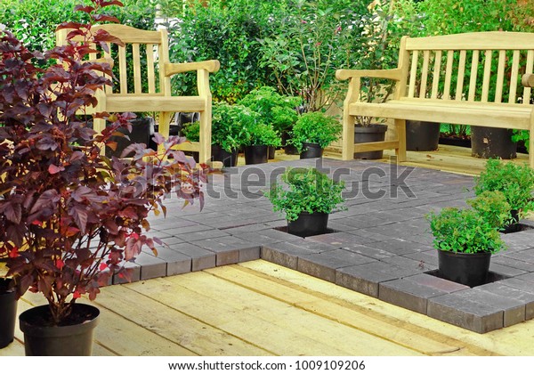 Garden Wooden Furniture On Modern Design Parks Outdoor Stock Image