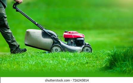 Garden Worker With Lawn Mover In Summer