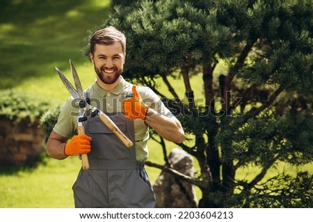 Garden worker trimming trees with scissors in the yard