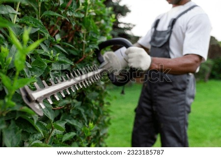 garden worker in uniform cuts bushes, african american man works in the garden with garden electric tool, pruning trees and bushes, close-up