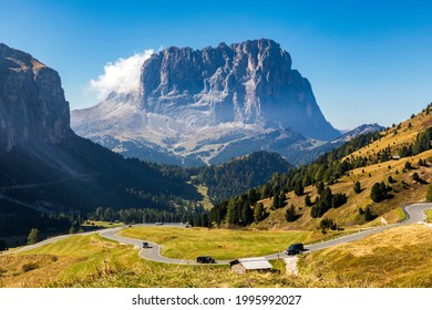 Gardena Pass, Trentino Alto Adige, Italy. Gardena Pass with Sassolungo mountain on the background. Passo Gardena, alpine pass between Val Badia and Val Gardena, South Tyrol, Italy.
