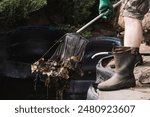 A gardener cleans a decorative pond from foliage and dirt. Construction and cleaning of an ornamental pond in the garden. Landscape design.