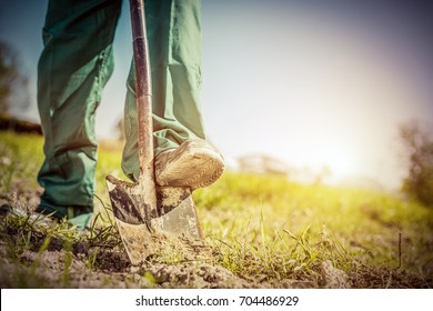 Gardener digging in a garden with a shovel. Preparing soil for new plants. Retro style - Powered by Shutterstock