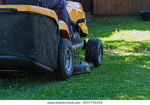 gardener driving a riding lawn mower in a garden\
, cutting grass,\
closeup