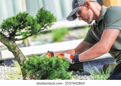 A gardener focuses on carefully trimming a bonsai tree at a landscape nursery, surrounded by vibrant greenery under clear skies. - Powered by Shutterstock