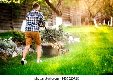 Gardener Mowing The Lawn Using A Gasoline Powered Device, A Professional Lawn Mower