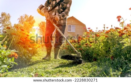 the gardener mows the grass with a trimmer. High quality photo