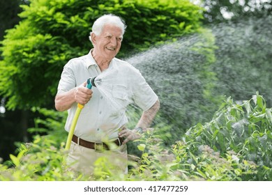 Gardener watering the plants using a rubber hose - Powered by Shutterstock