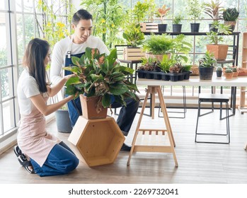 Gardener young Asian man woman two person sit floor and smiling looking hand holding help decorate the tree leaf green in calm work shop home plant white wall. hobby job happy and care concept - Powered by Shutterstock