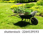 A gardeners wheelbarrow with the gardening tools in the gardens. Gardening concept